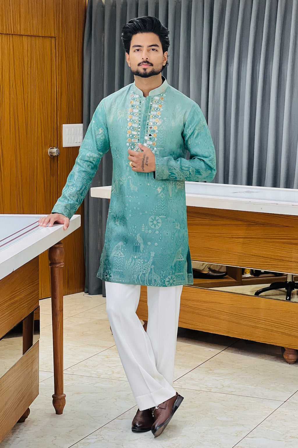 Sea Green Tropical Tales Mirror Work Kurta Pajama