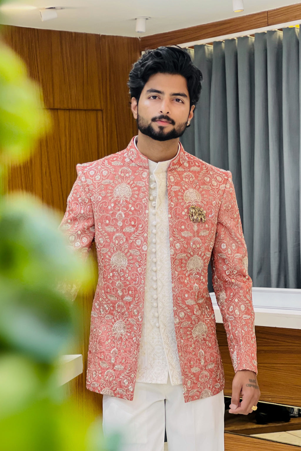 Coral Orange Crush Tissue Three Piece Jodhpuri Set