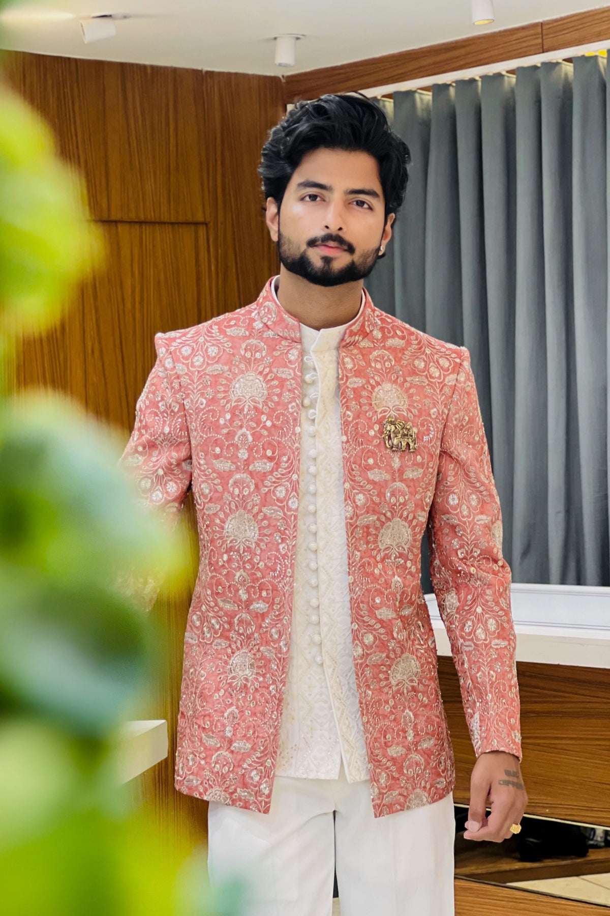 Coral Orange Crush Tissue Three Piece Jodhpuri Set