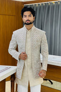Sand Beige Three Piece Jodhpuri Set with Embroidered Floral Motifs