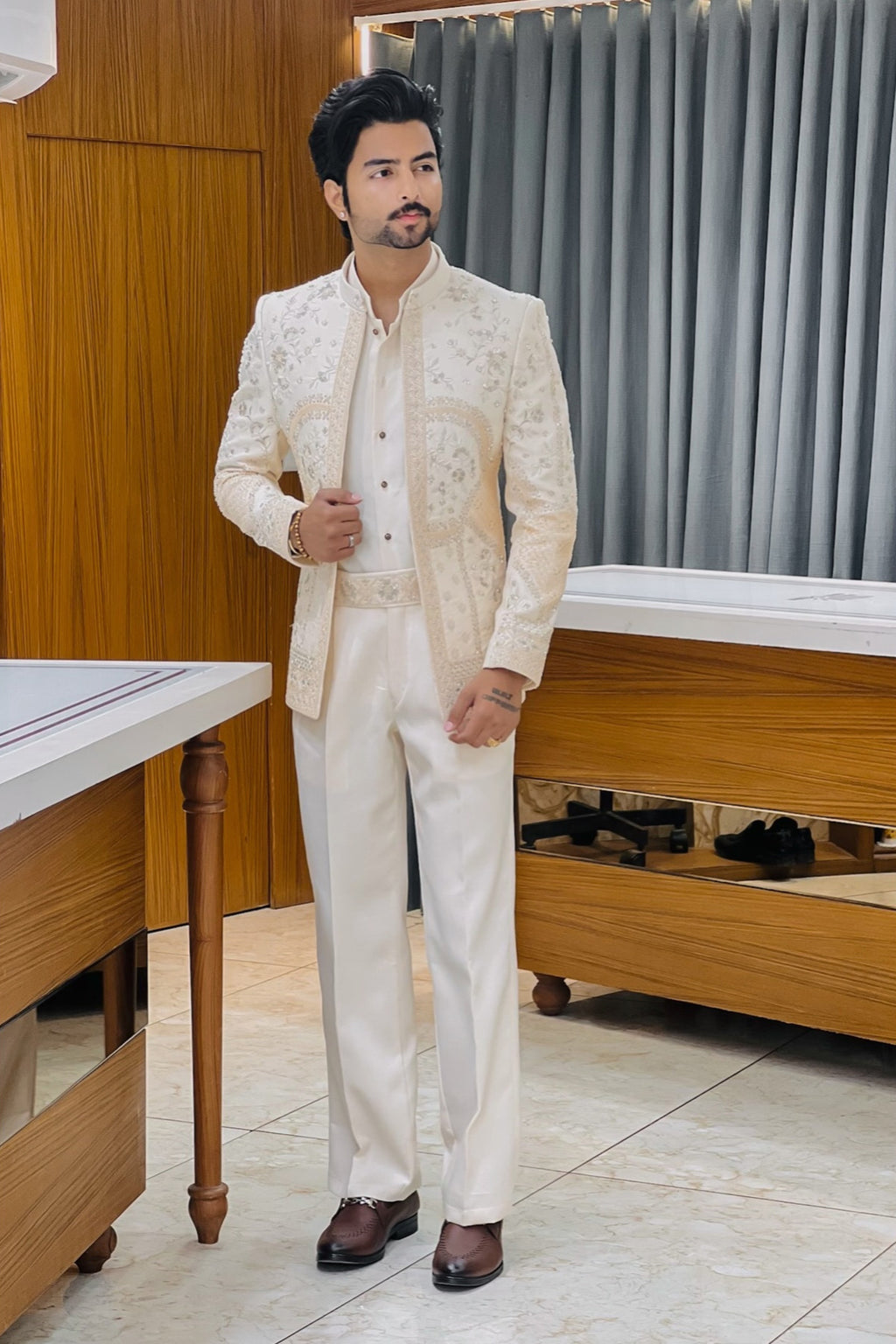 Ivory Antique Gold Katdana Open Jodhpuri Set