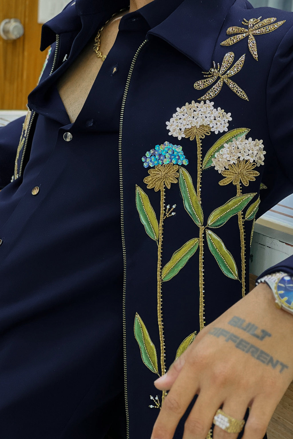 Floral Chain Embellished Bomber Jacket Set