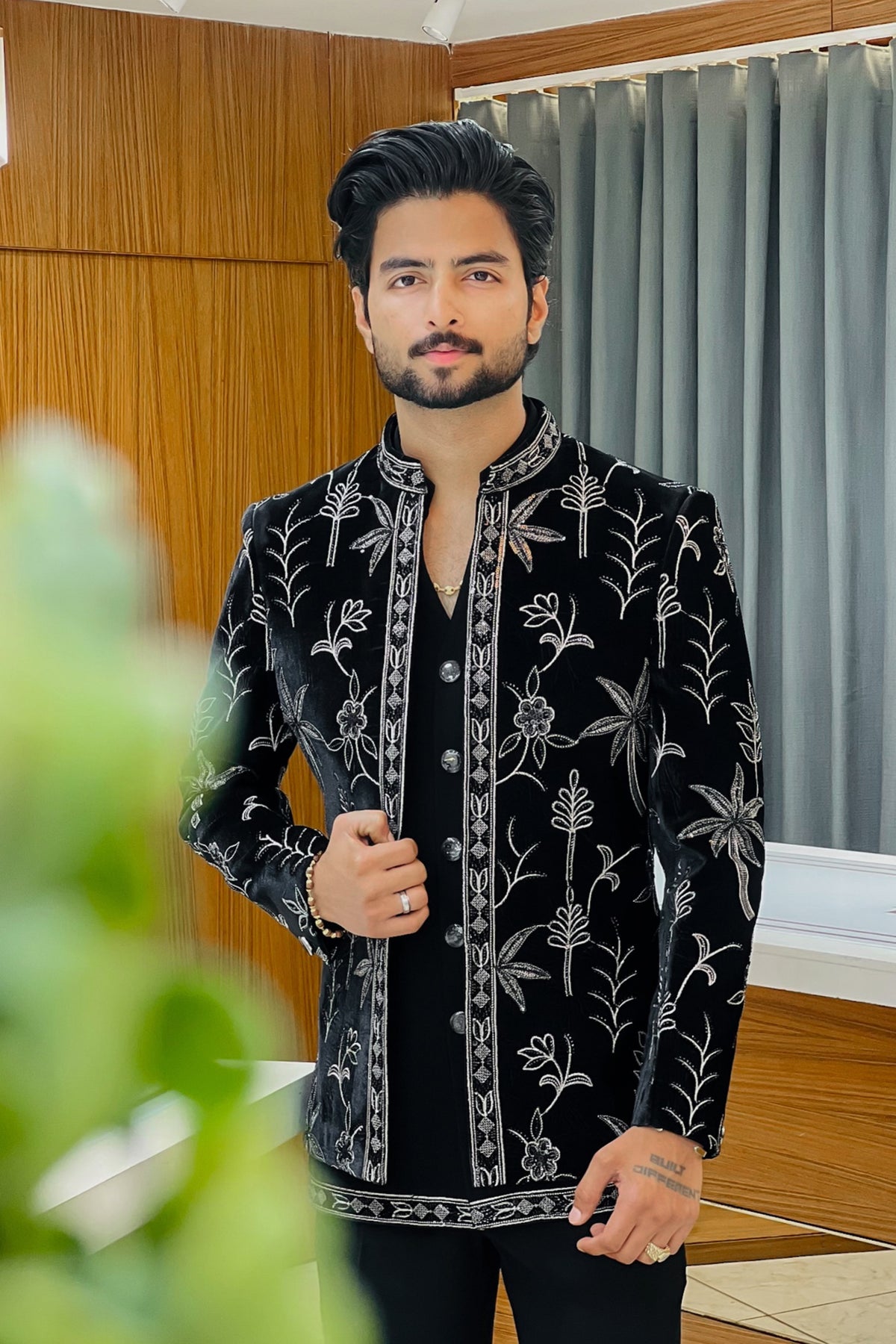 Black Velvet Floral Luxe Open Three Piece Jodhpuri