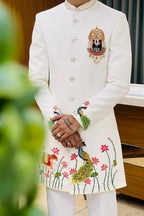 Divine Balaji Motif Handcrafted White Indowestern Set