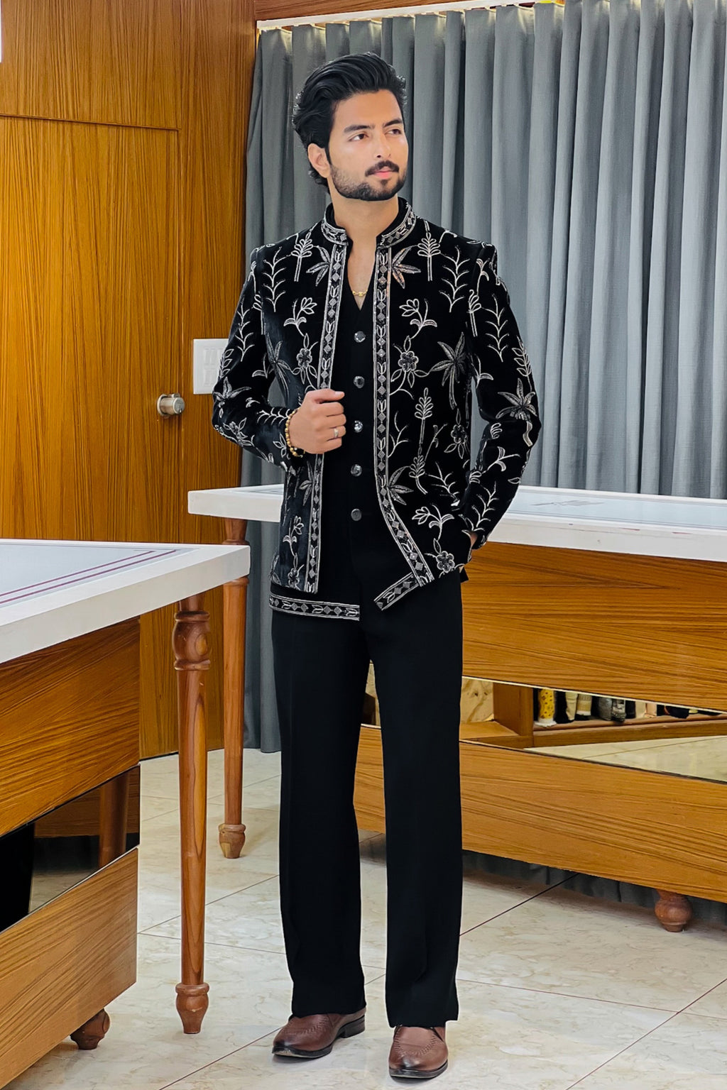 Black Velvet Floral Luxe Open Three Piece Jodhpuri