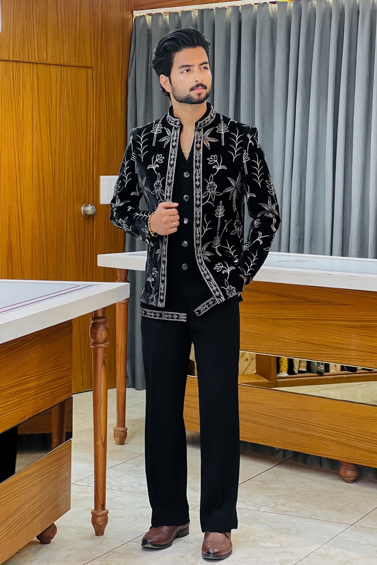 Black Velvet Floral Luxe Open Three Piece Jodhpuri