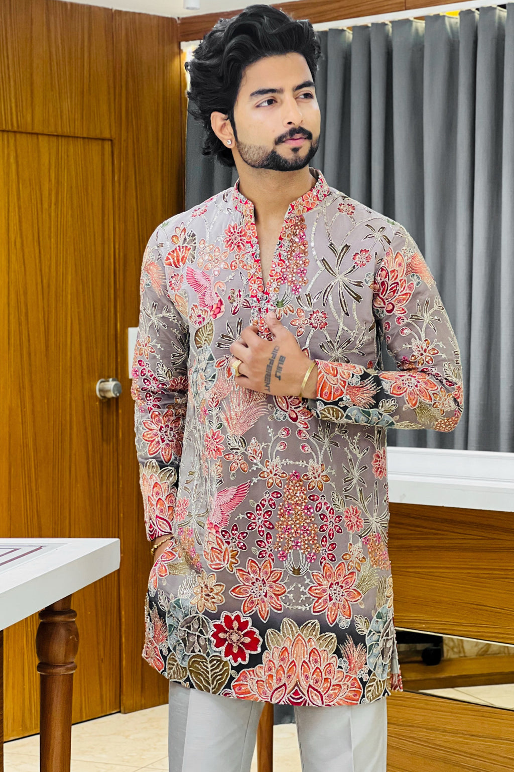 Grey Floral Bloom Sequin Kurta Pajama