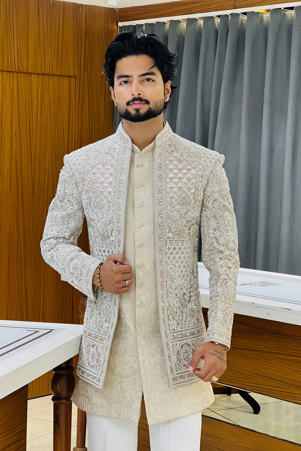 Sand Beige Three Piece Jodhpuri Set with Embroidered Floral Motifs