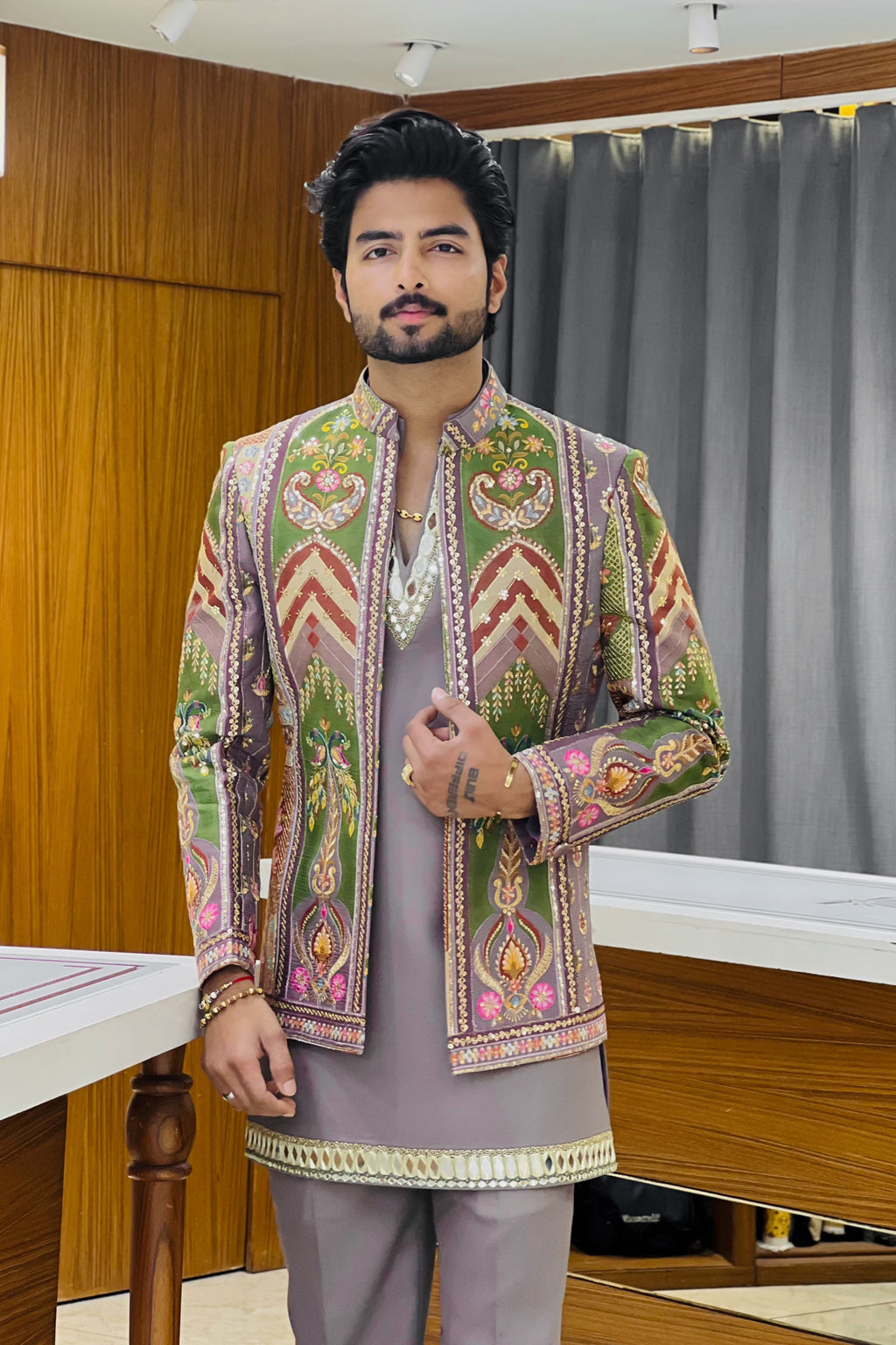 Dusty Mauve Mirror Work Three Piece Jodhpuri
