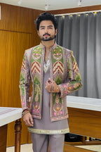 Dusty Mauve Mirror Work Three Piece Jodhpuri