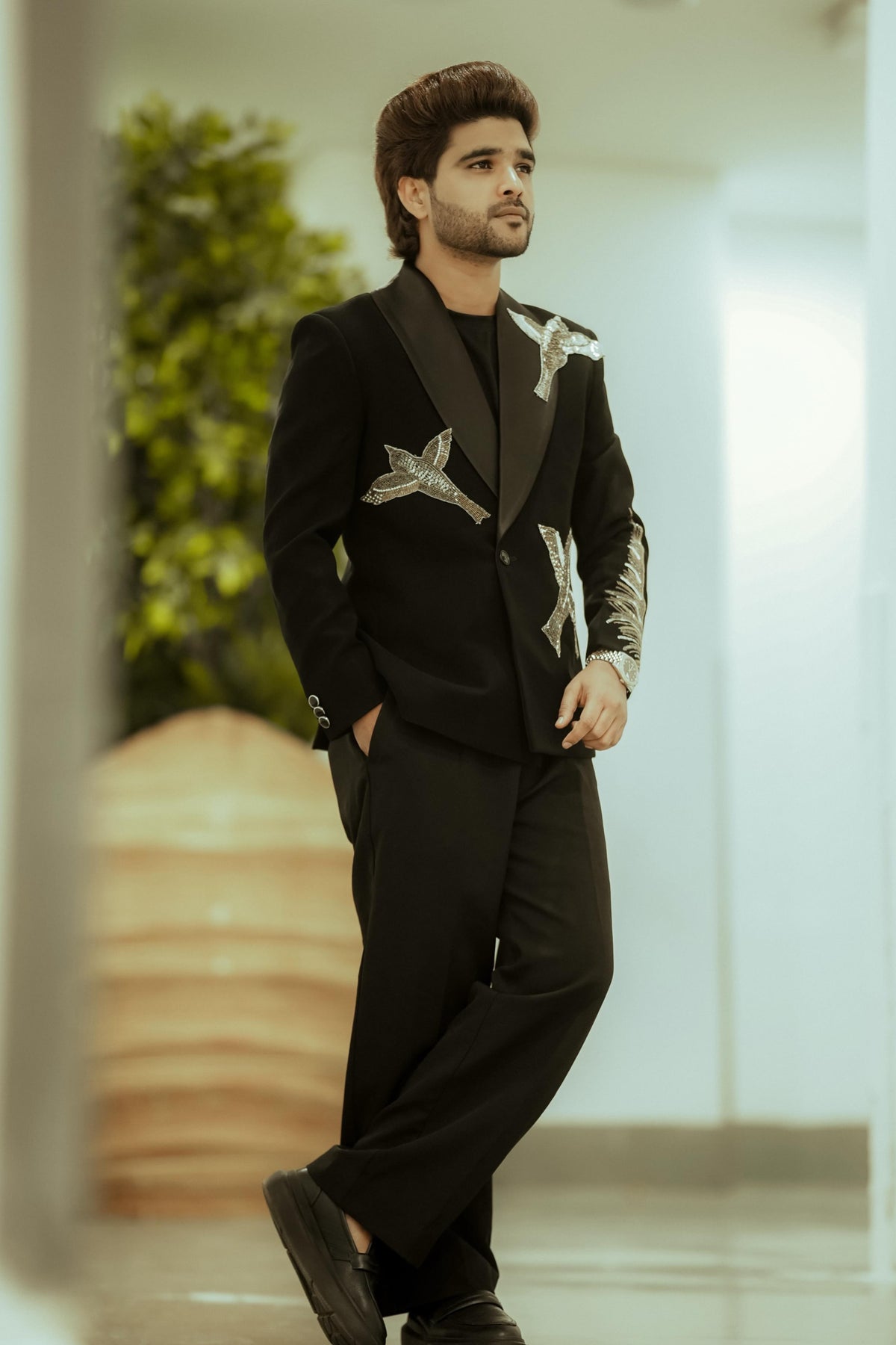 Salman Ali’s Black Signature Tuxedo with Handcrafted Sparrow Motif