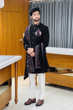Black Peacock Handwork Indowestern with Embroidered Shawl
