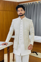 Silver White Three Piece Jodhpuri Set with Embroidered Floral Motifs