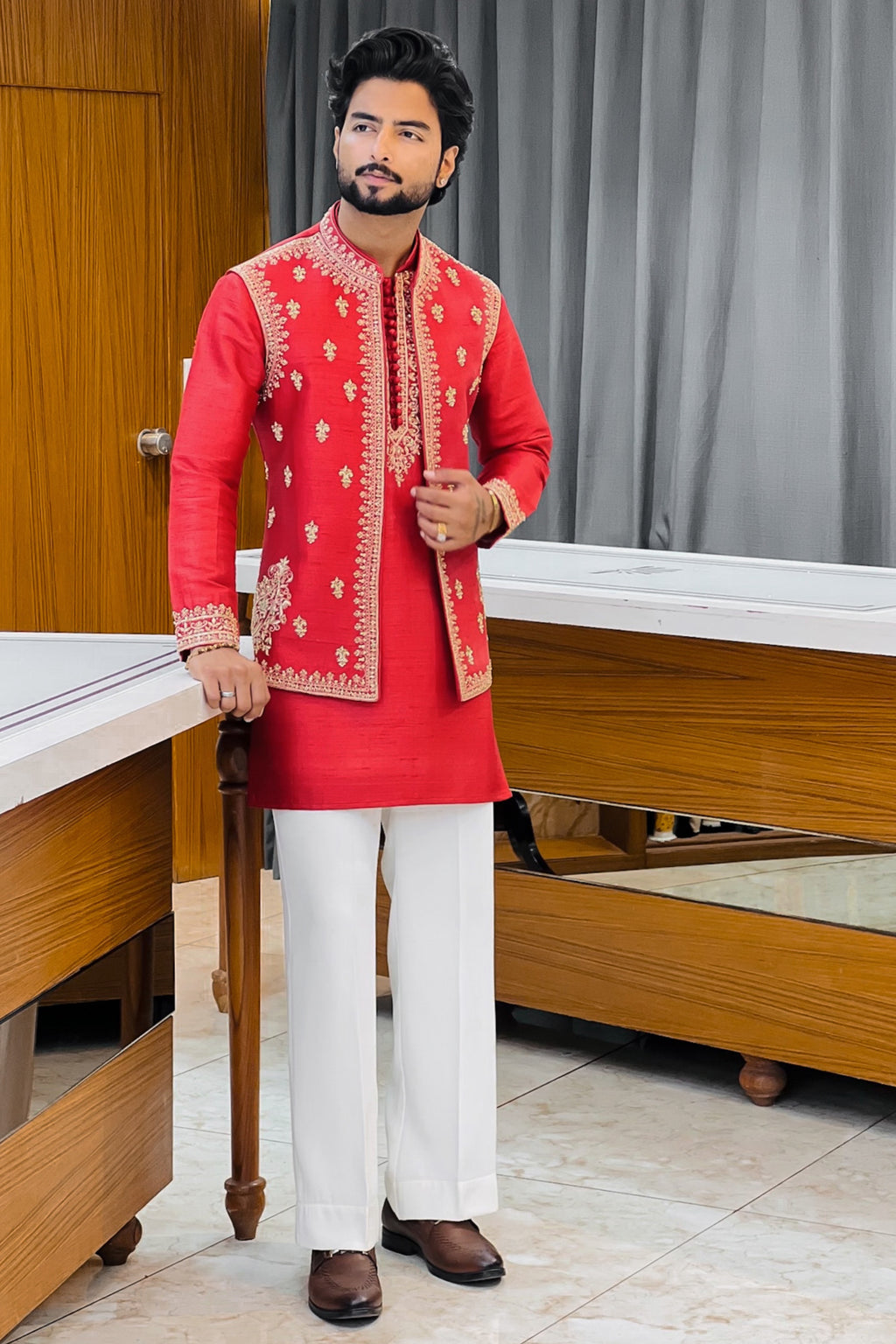 Red Hand Zardozi Kurta Jacket Set