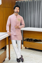 Onion Pink Linen Kurta Jacket Set with Elephant Metal Emblem