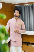 Onion Pink Linen Kurta Jacket Set with Elephant Metal Emblem