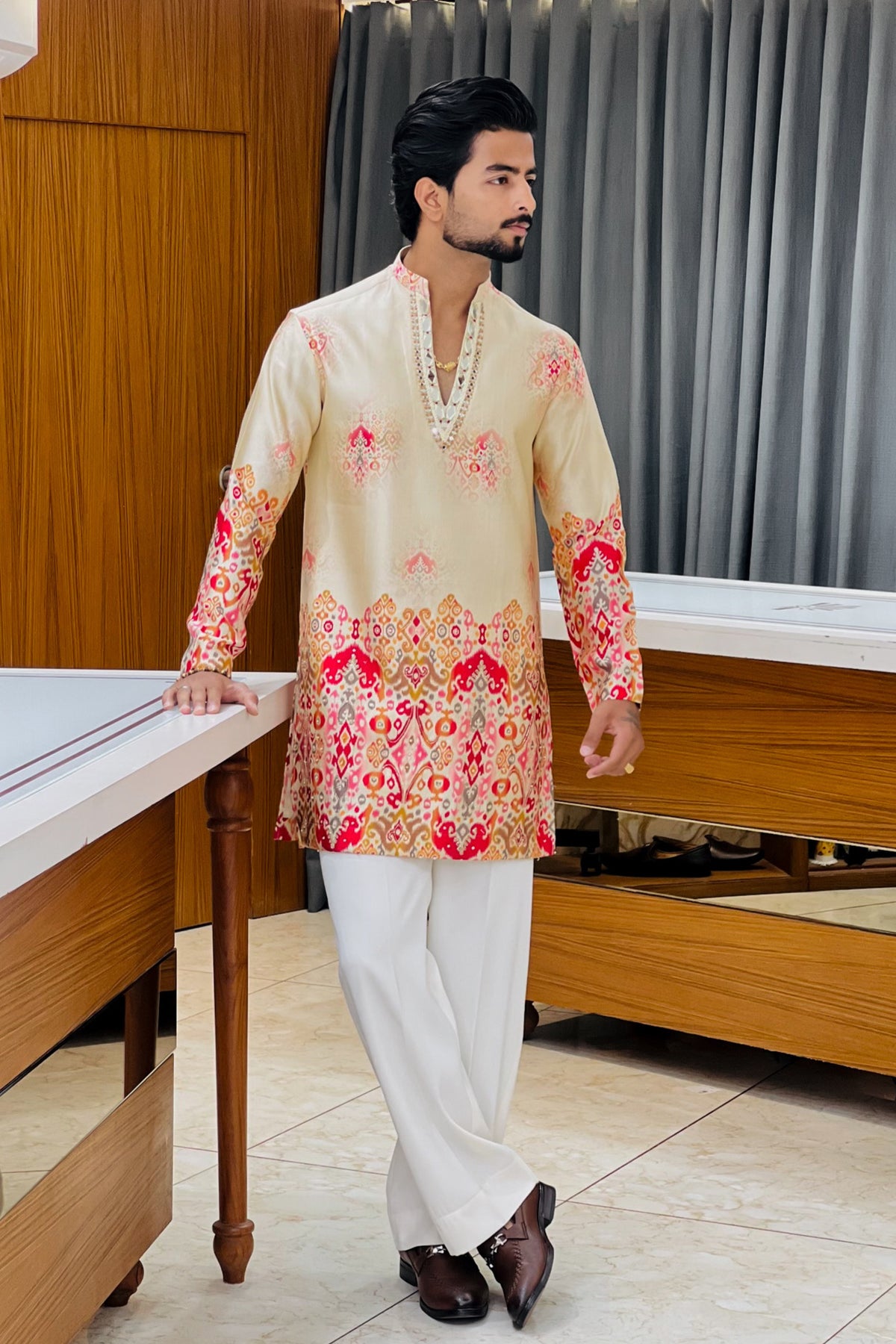Ivory Satin Silk Mirror Work Kurta Set