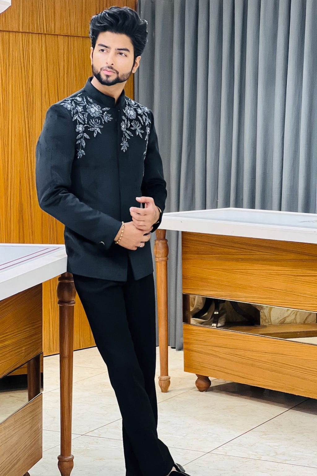 Black Velvet Silver Handwork Bandhgala Jodhpuri