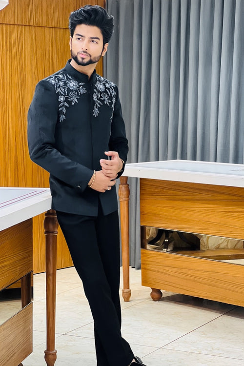 Black Velvet Silver Handwork Bandhgala Jodhpuri