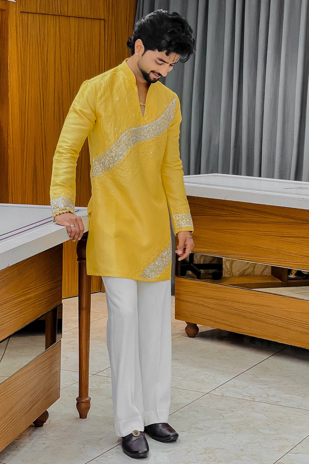 Yellow Royal Sequin V-Neck Kurta Pajama