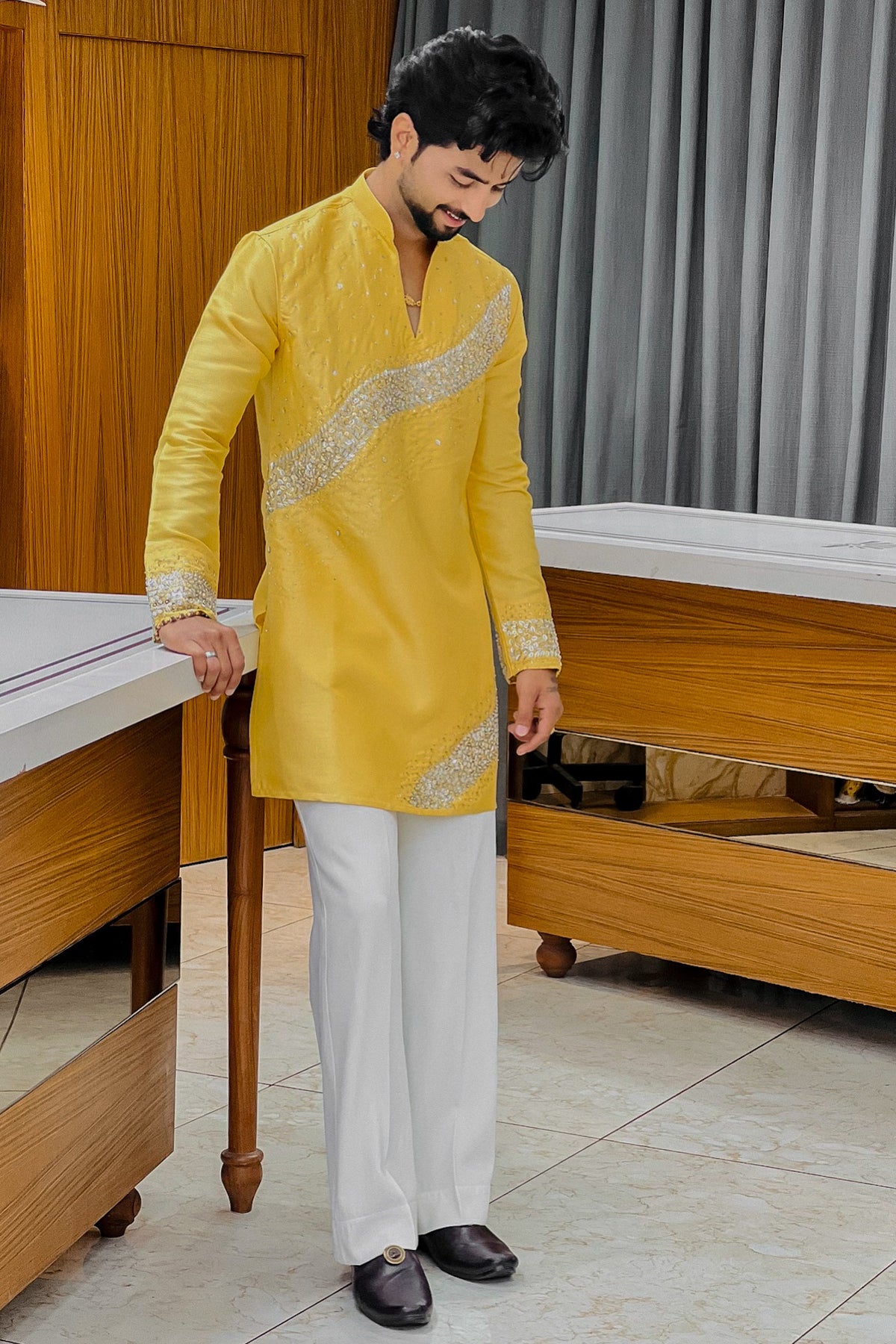 Yellow Royal Sequin V-Neck Kurta Pajama
