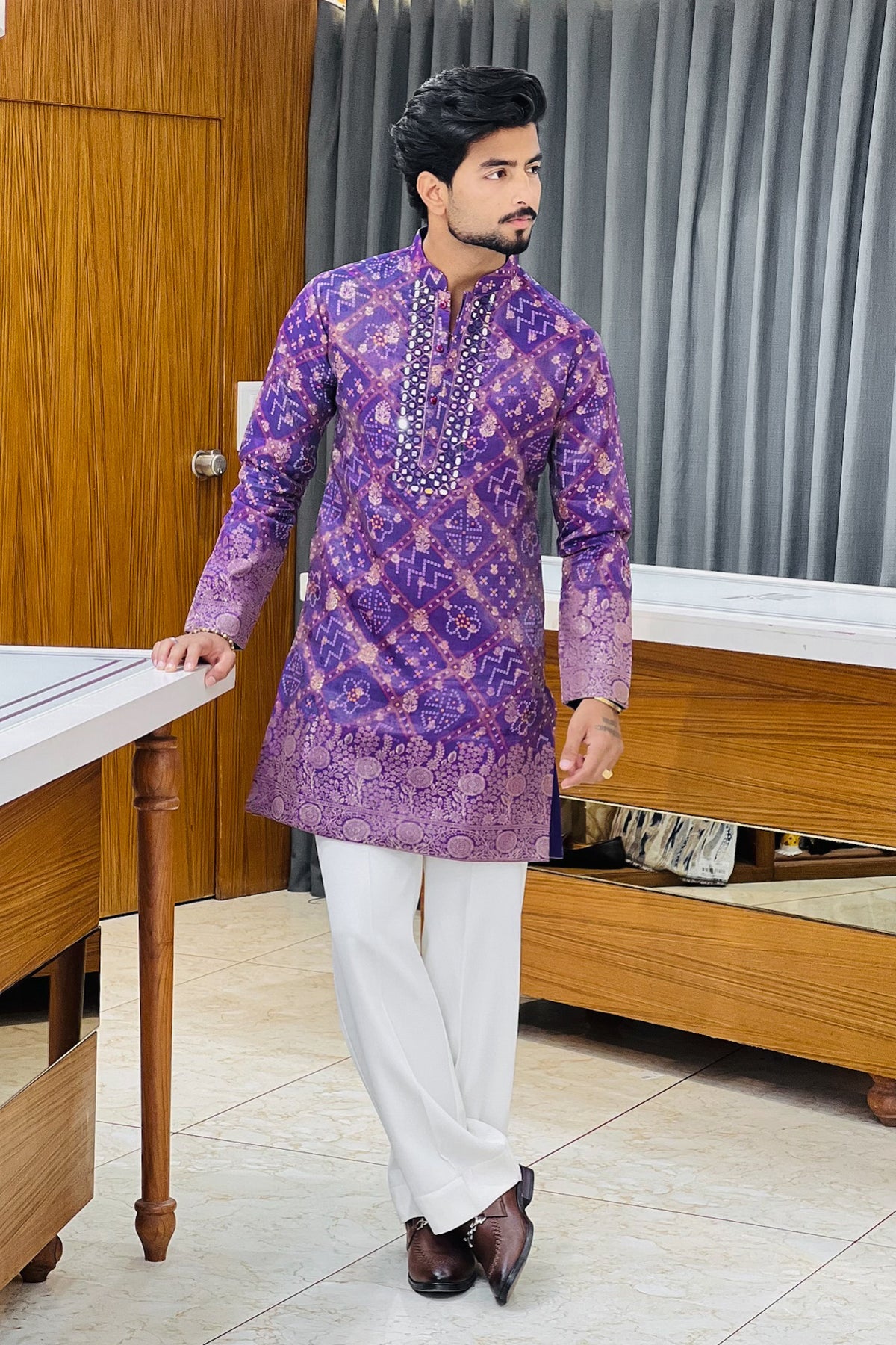 Purple Bandhani Mirror Work Kurta Pajama