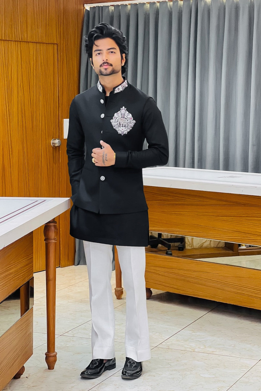 Black Linen Kurta Jacket Set with Elephant Metal Emblem