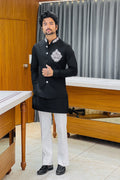 Black Linen Kurta Jacket Set with Elephant Metal Emblem