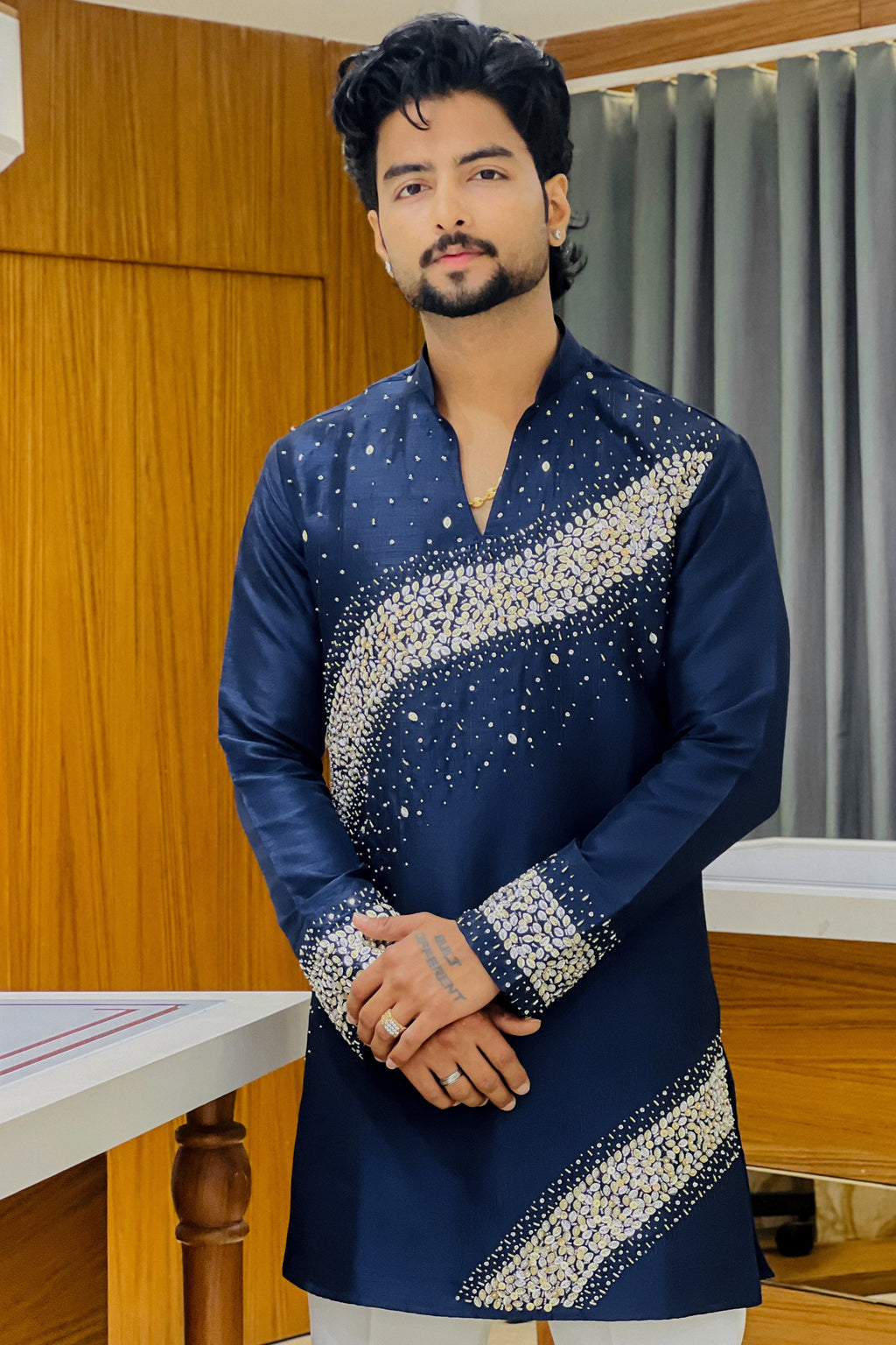 Nevy Blue Royal Sequin V-Neck Kurta Pajama