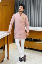 Onion Pink Linen Kurta Jacket Set with Elephant Metal Emblem