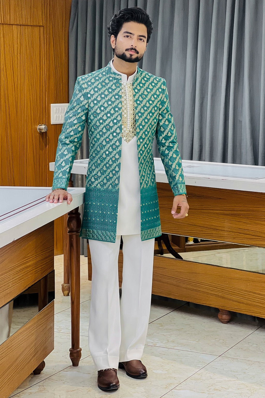 Rama Green Heritage Three Piece Indowestern Set