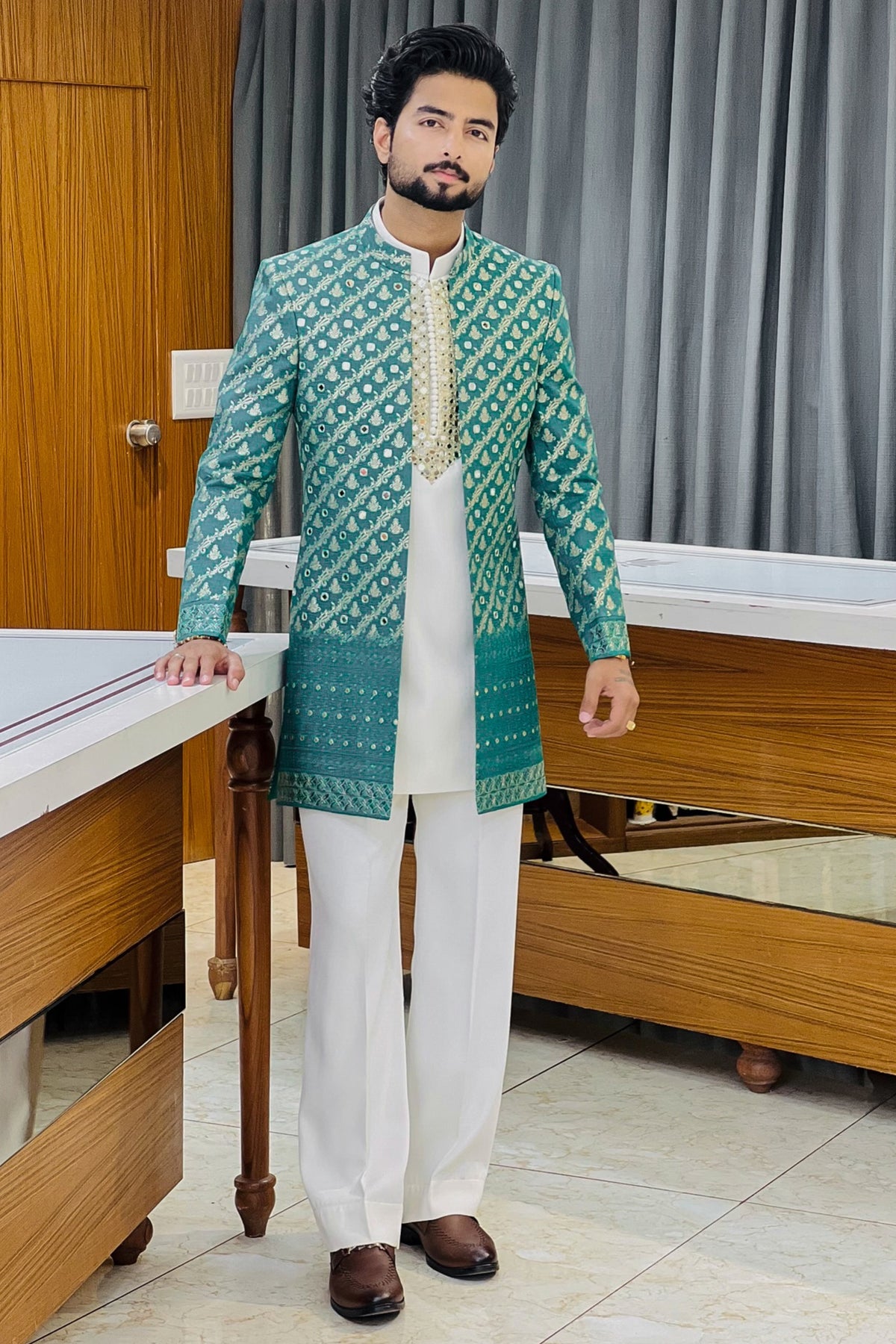 Rama Green Heritage Three Piece Indowestern Set