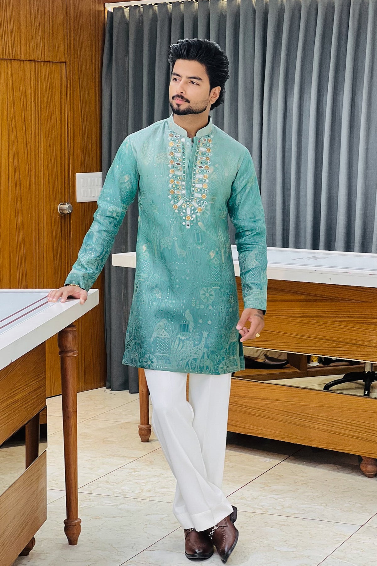 Sea Green Tropical Tales Mirror Work Kurta Pajama