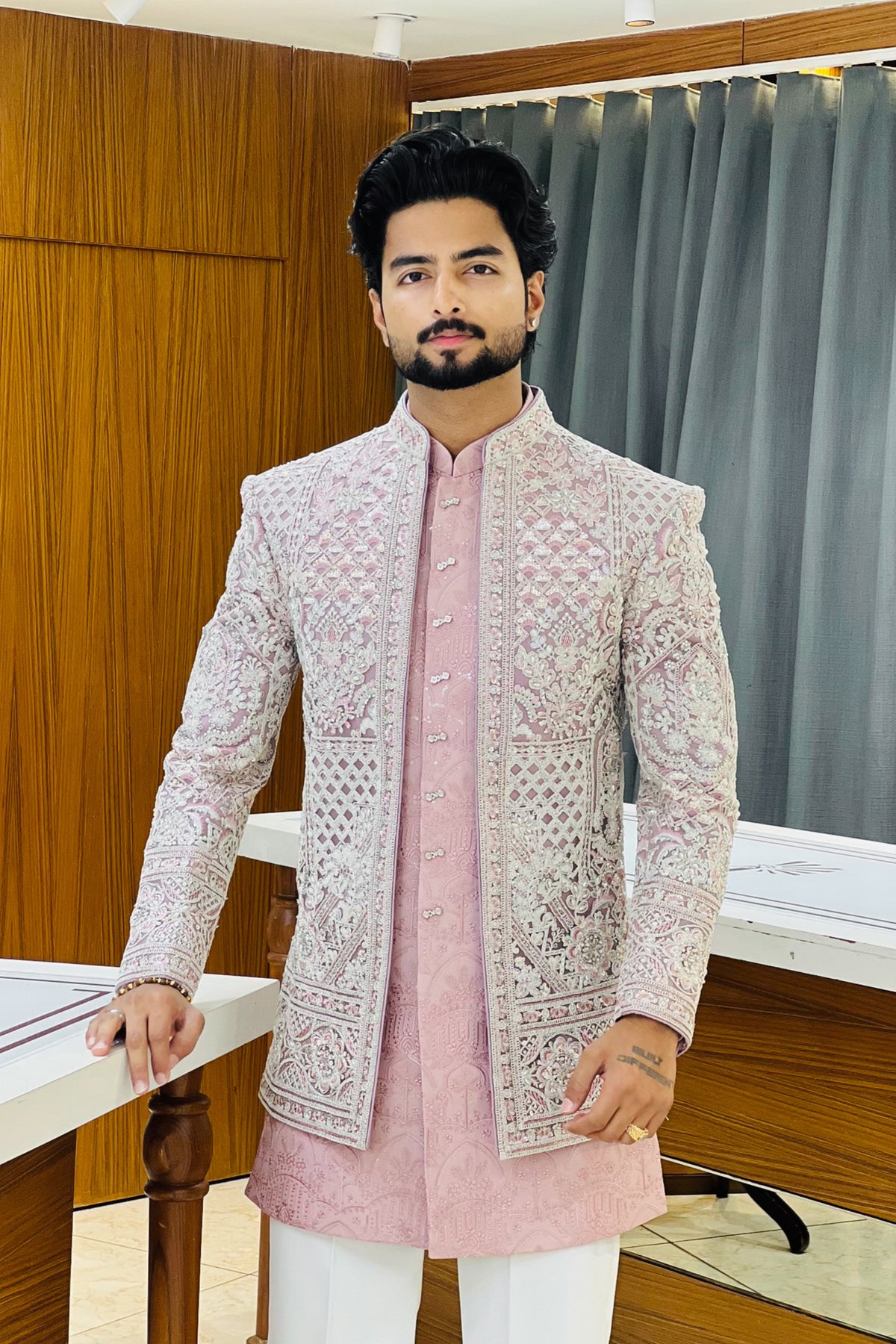 Pink Three Piece Jodhpuri Set with Embroidered Floral Motifs
