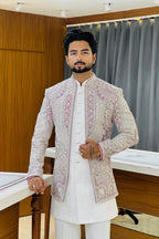 White Purple Three Piece Jodhpuri Set with Embroidered Floral Motifs