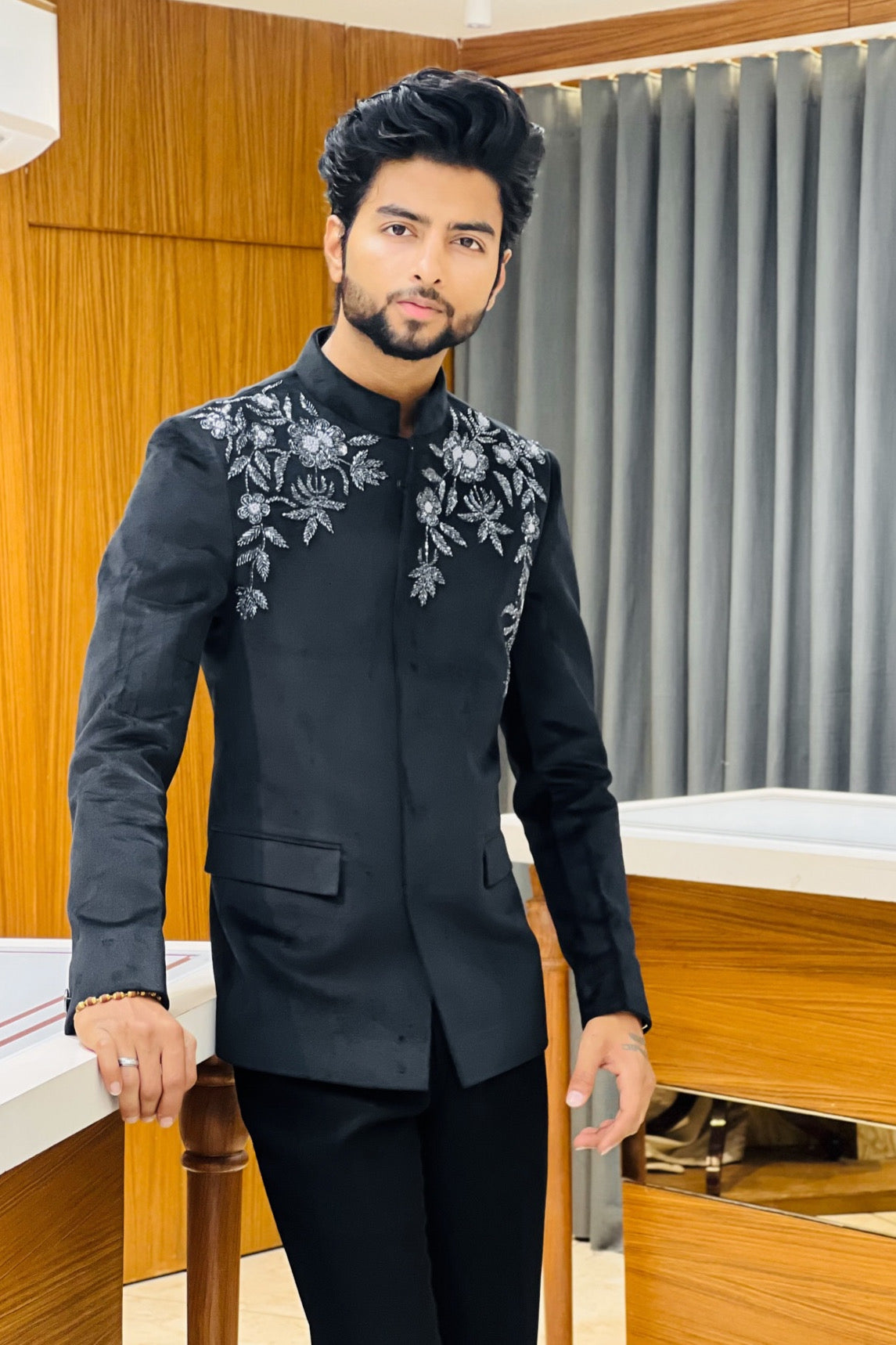 Black Velvet Silver Handwork Bandhgala Jodhpuri