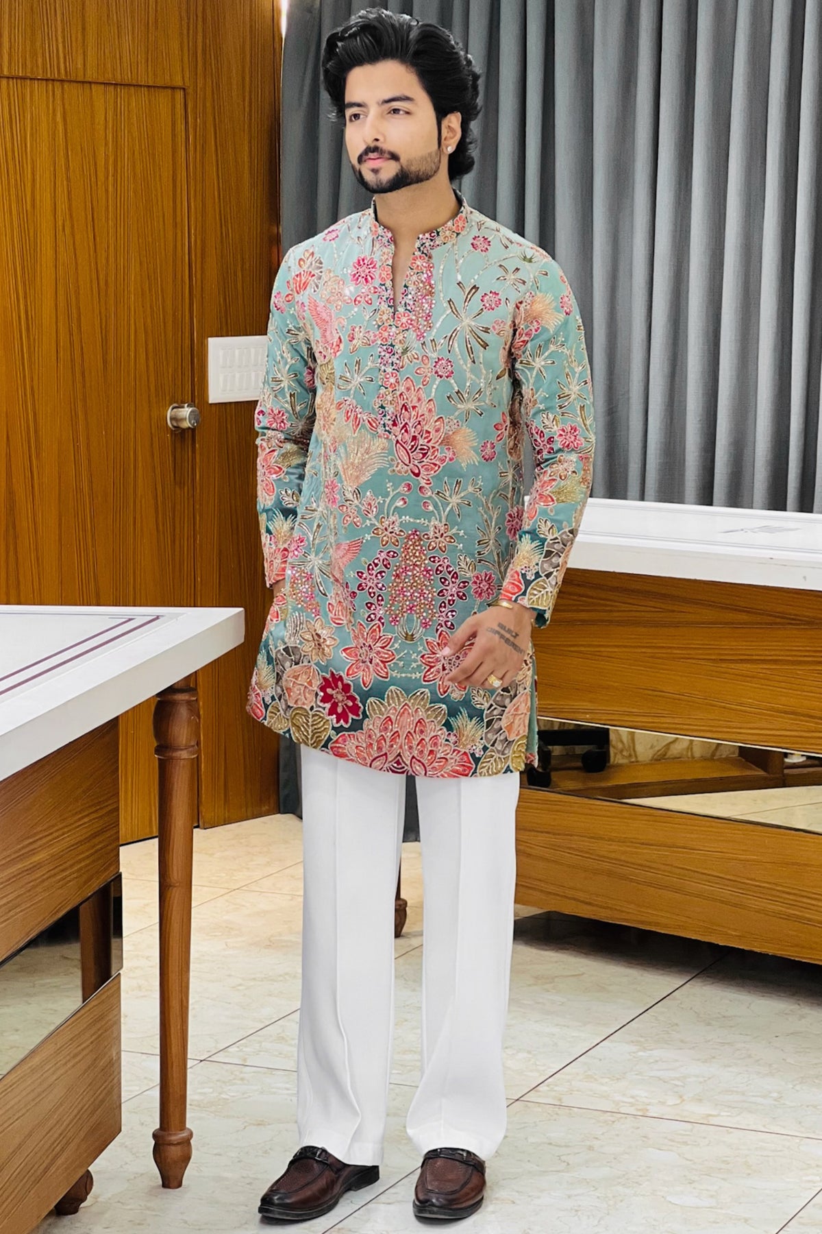 Green Floral Bloom Sequin Kurta Pajama