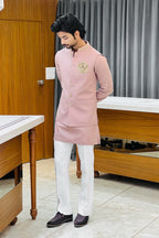 Onion Pink Linen Kurta Jacket Set with Elephant Metal Emblem