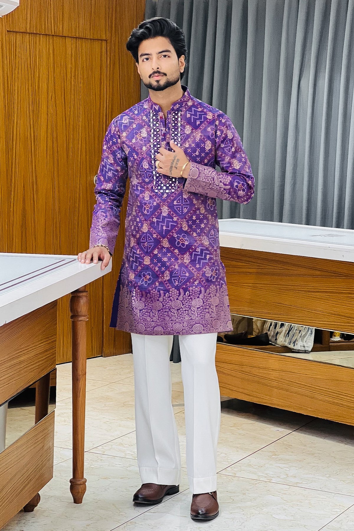 Purple Bandhani Mirror Work Kurta Pajama