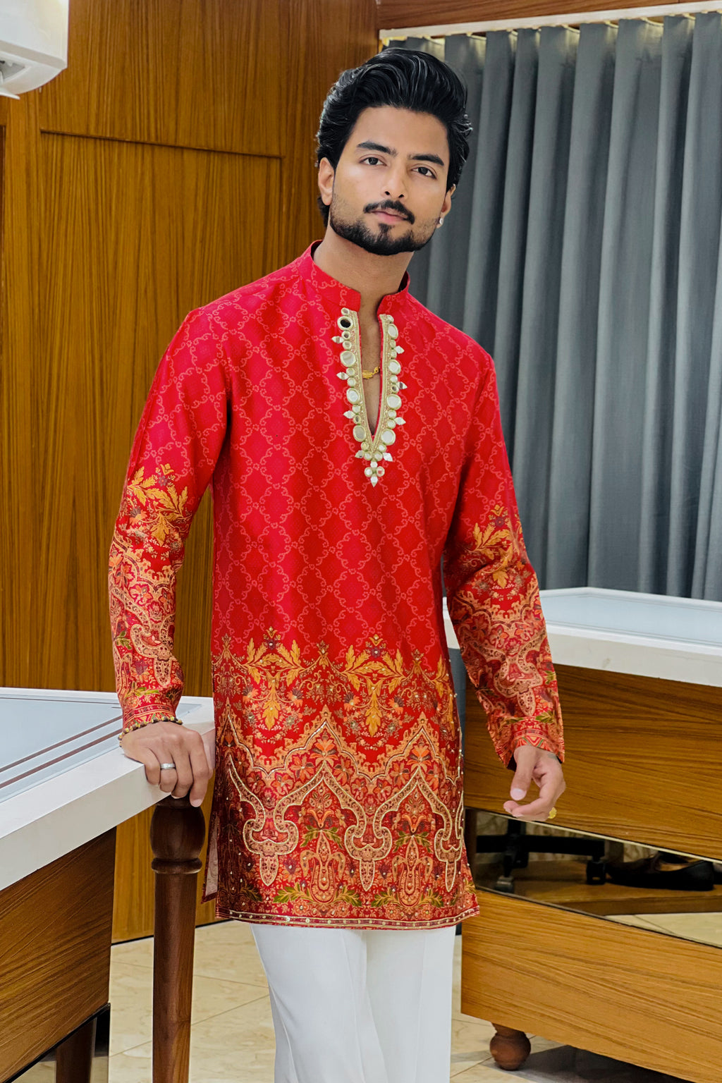 Red Satin Silk Mirror Work Kurta Set