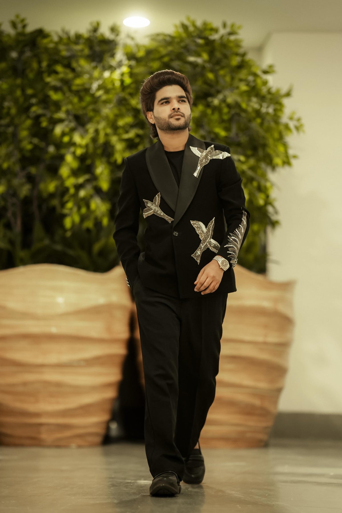 Salman Ali’s Black Signature Tuxedo with Handcrafted Sparrow Motif