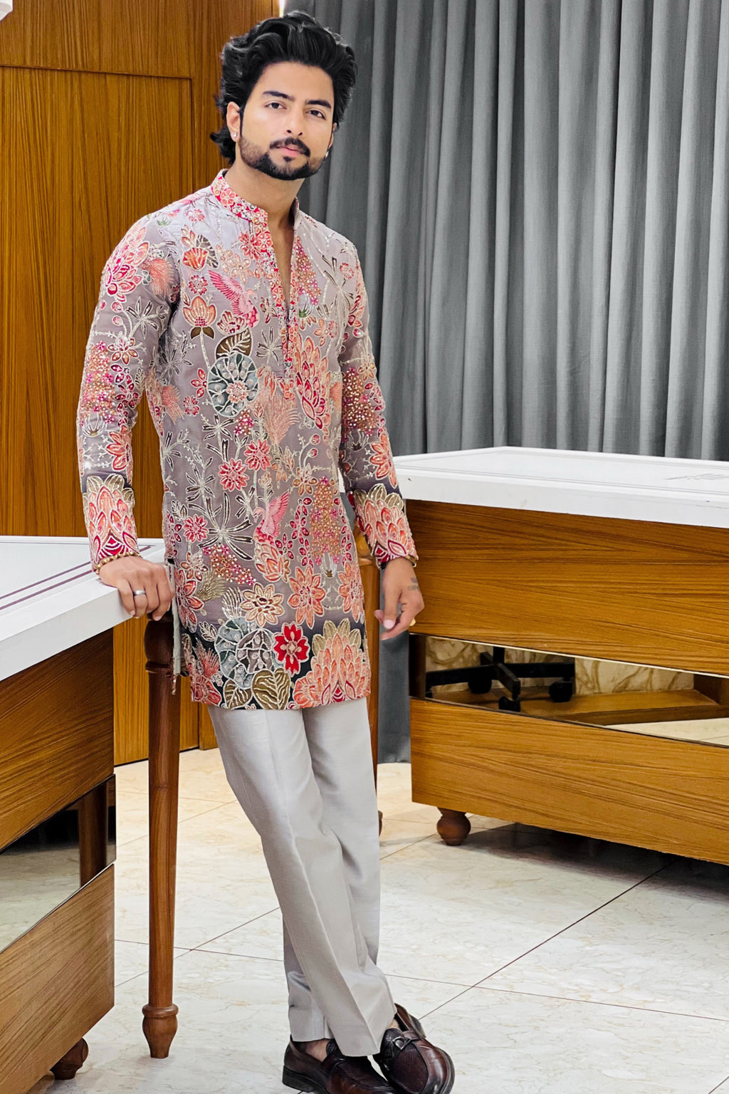 Grey Floral Bloom Sequin Kurta Pajama