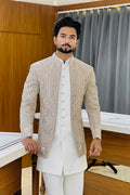 Pearl Beige Three Piece Jodhpuri Set with Embroidered Floral Motifs