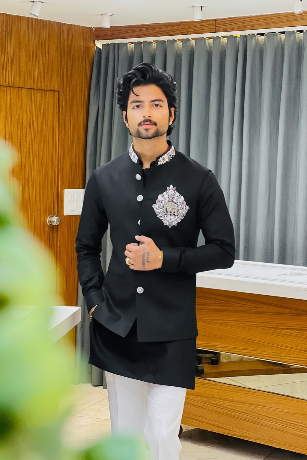 Black Linen Kurta Jacket Set with Elephant Metal Emblem