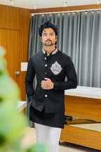 Black Linen Kurta Jacket Set with Elephant Metal Emblem