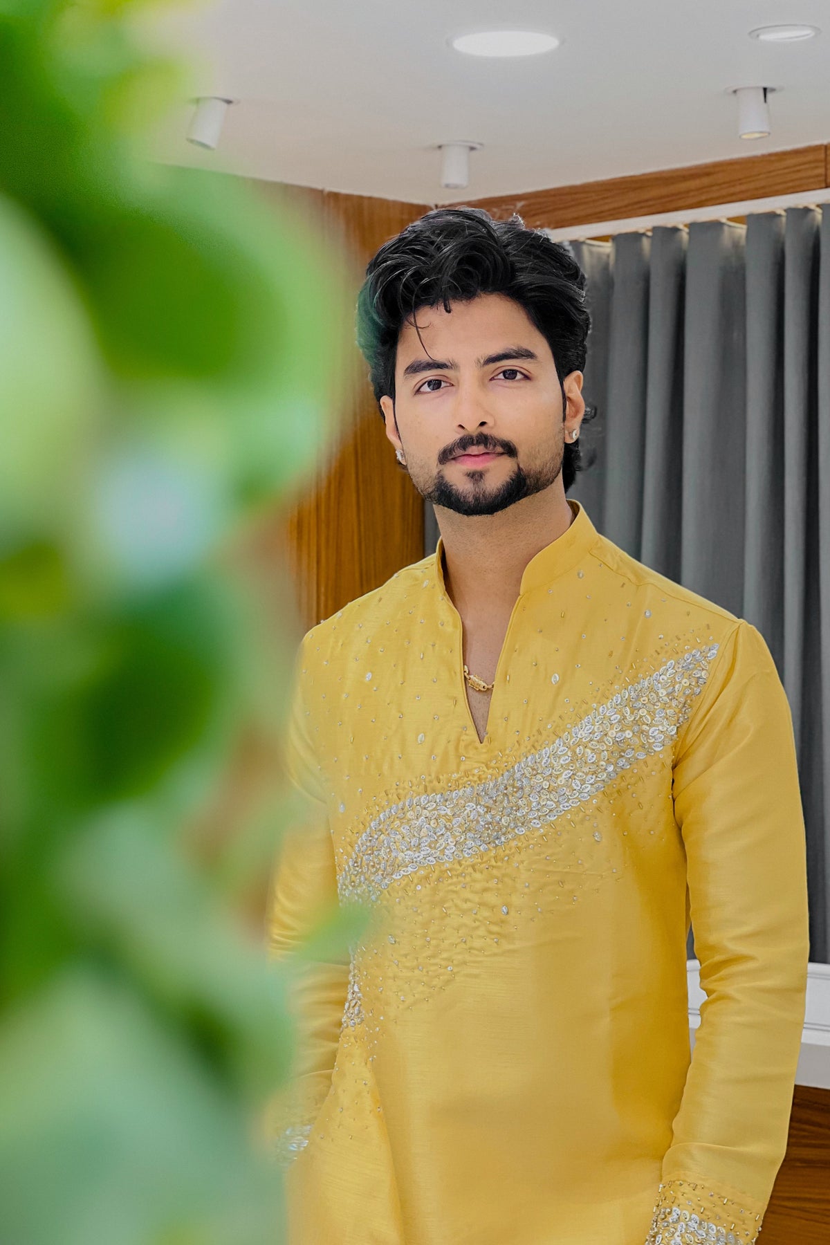 Yellow Royal Sequin V-Neck Kurta Pajama