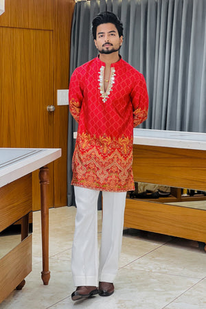 Red Satin Silk Mirror Work Kurta Set