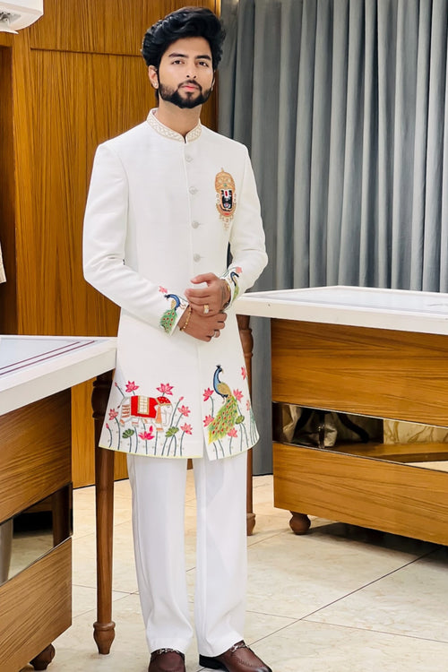 Divine Balaji Motif Handcrafted White Indowestern Set