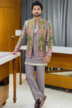 Dusty Mauve Mirror Work Three Piece Jodhpuri