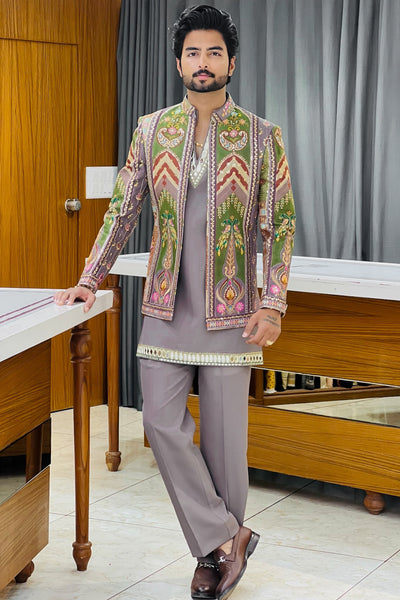 Dusty Mauve Mirror Work Three Piece Jodhpuri